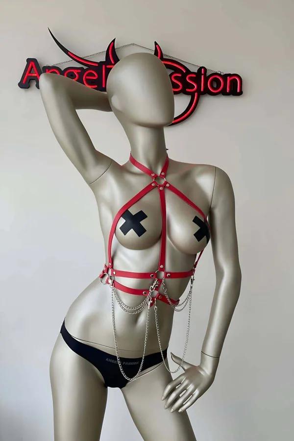 Red Chest Harness with Draping Chains & O-Rings
