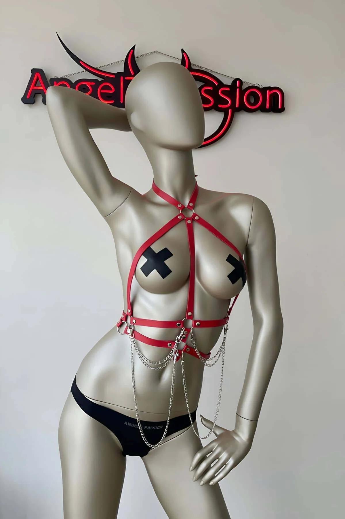 Red Chest Harness with Draping Chains & O-Rings
