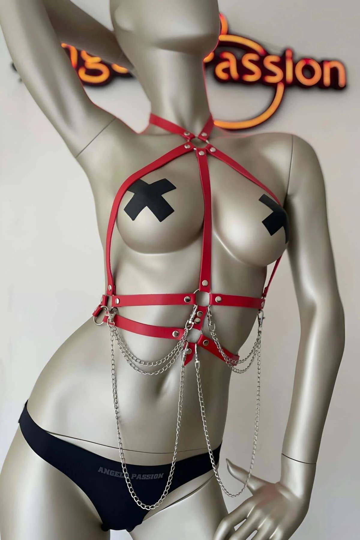 Red Chest Harness with Draping Chains & O-Rings