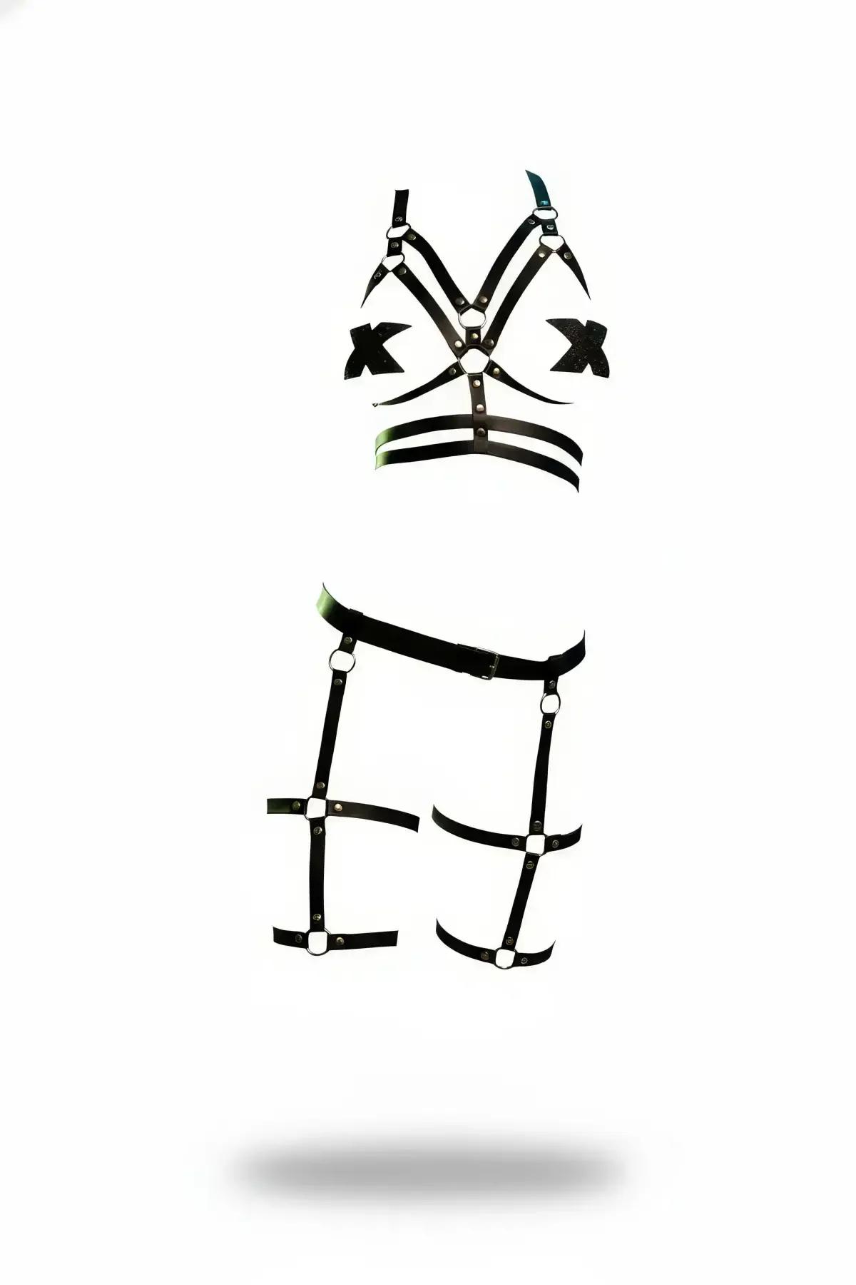 Faux Leather Full Body Harness with Thigh Garters