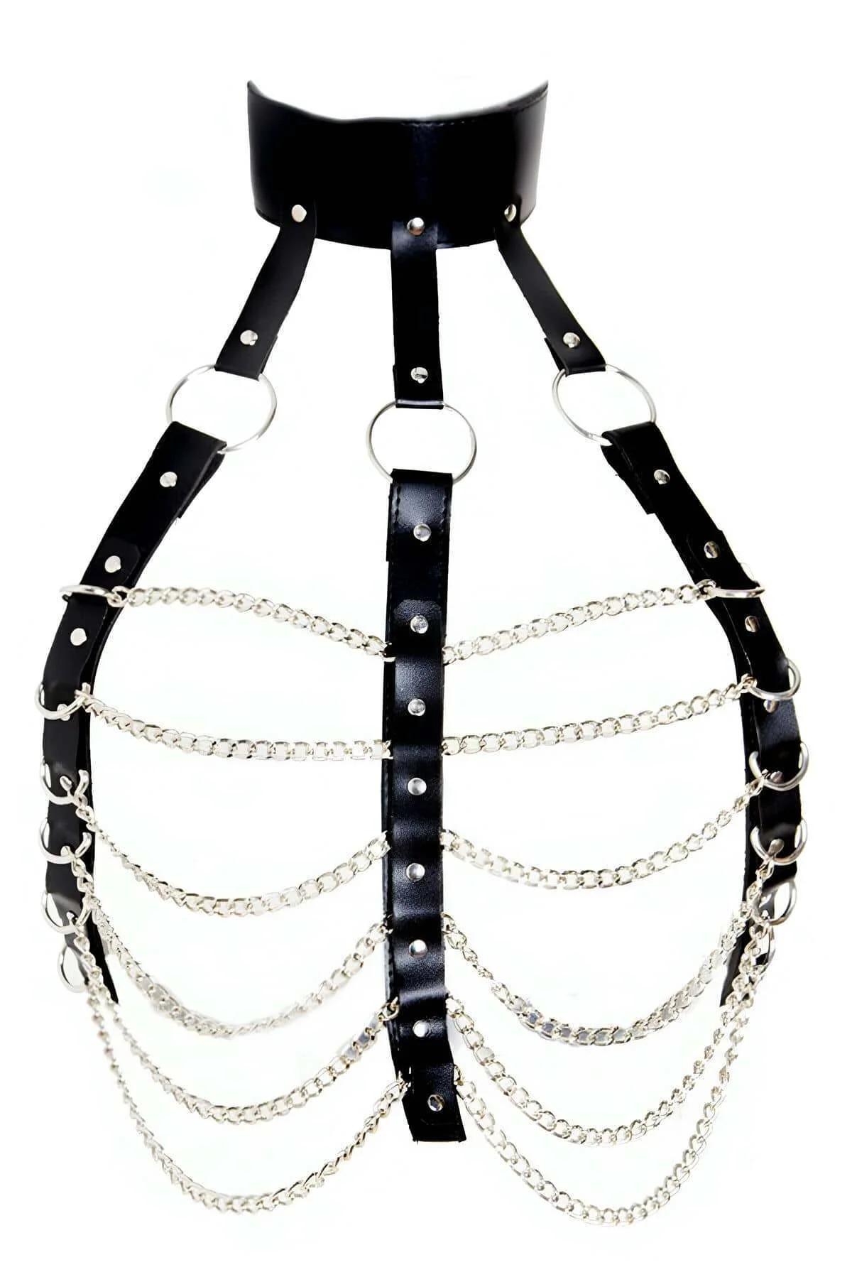 Faux Leather Chest Harness with Draping Silver Chains