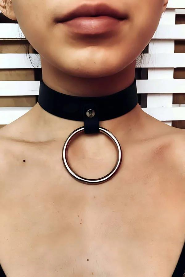 O-Ring Choker Collar with Faux Leather Band