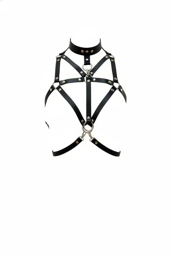 Faux Leather Chest Harness with High Collar and Cage Straps