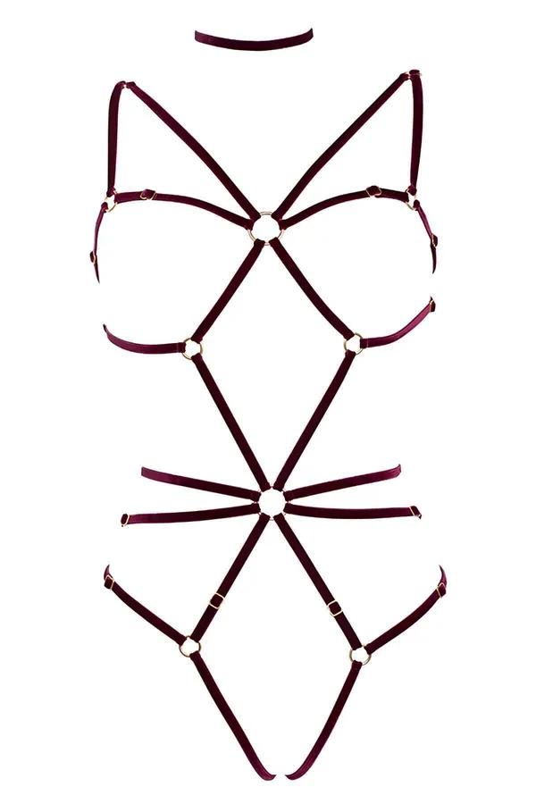 Velvet Caged Body Harness Lingerie with Gold Hardware