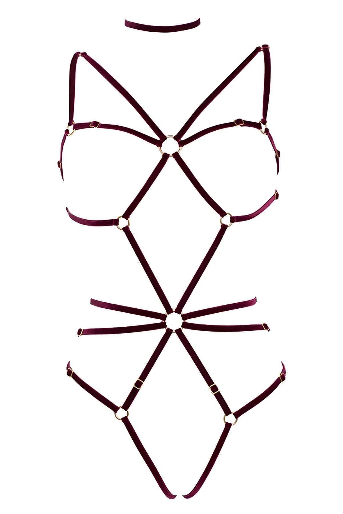 Velvet Caged Body Harness Lingerie with Gold Hardware