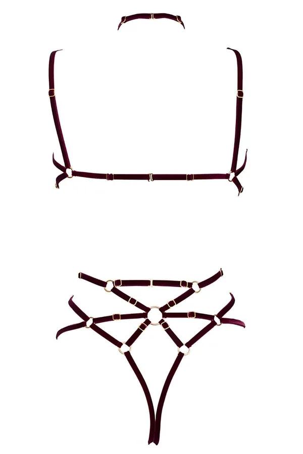 Velvet Caged Body Harness Lingerie with Gold Hardware
