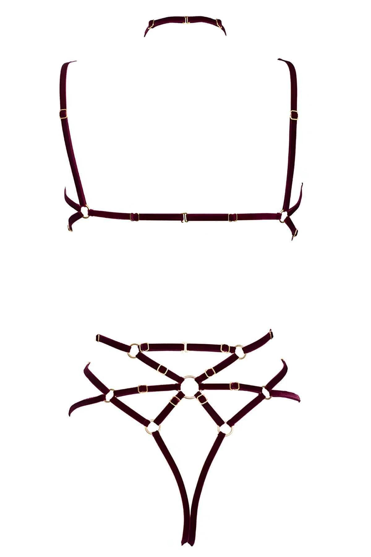 Velvet Caged Body Harness Lingerie with Gold Hardware