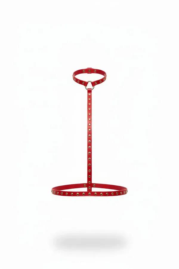 Studded Choker to Waist Harness in Red Faux Leather