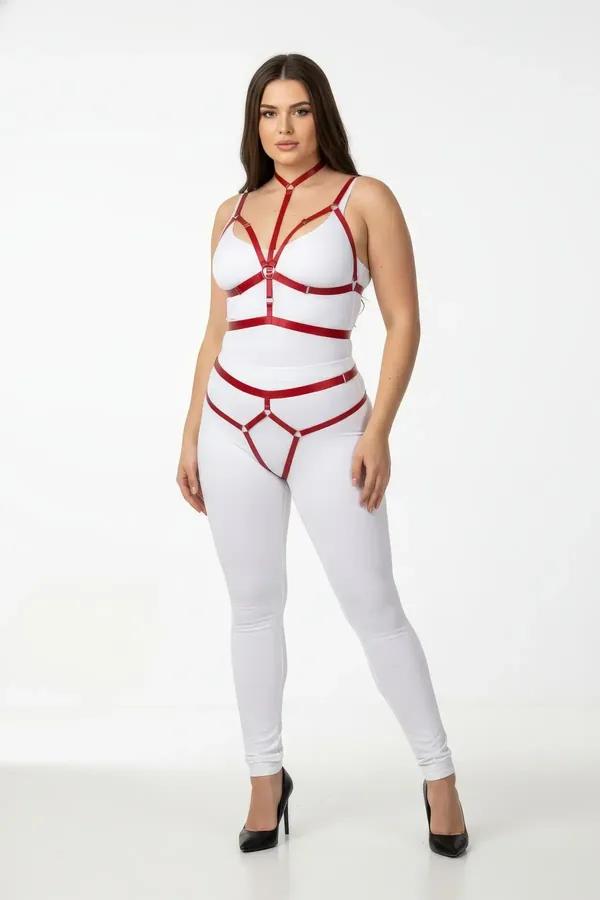 Red Full Body Cage Harness with Thigh Straps