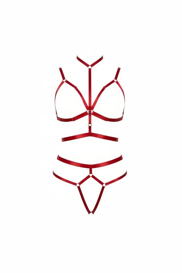 Red Strappy Body Harness Set with High Collar