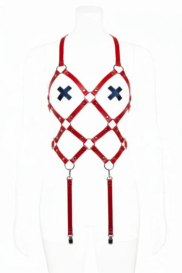 Red Faux Leather Body Harness with X Detail