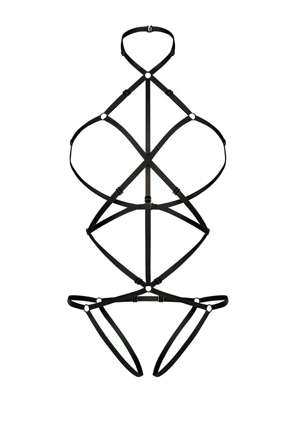 Black Strappy Body Harness with Adjustable Caged Design