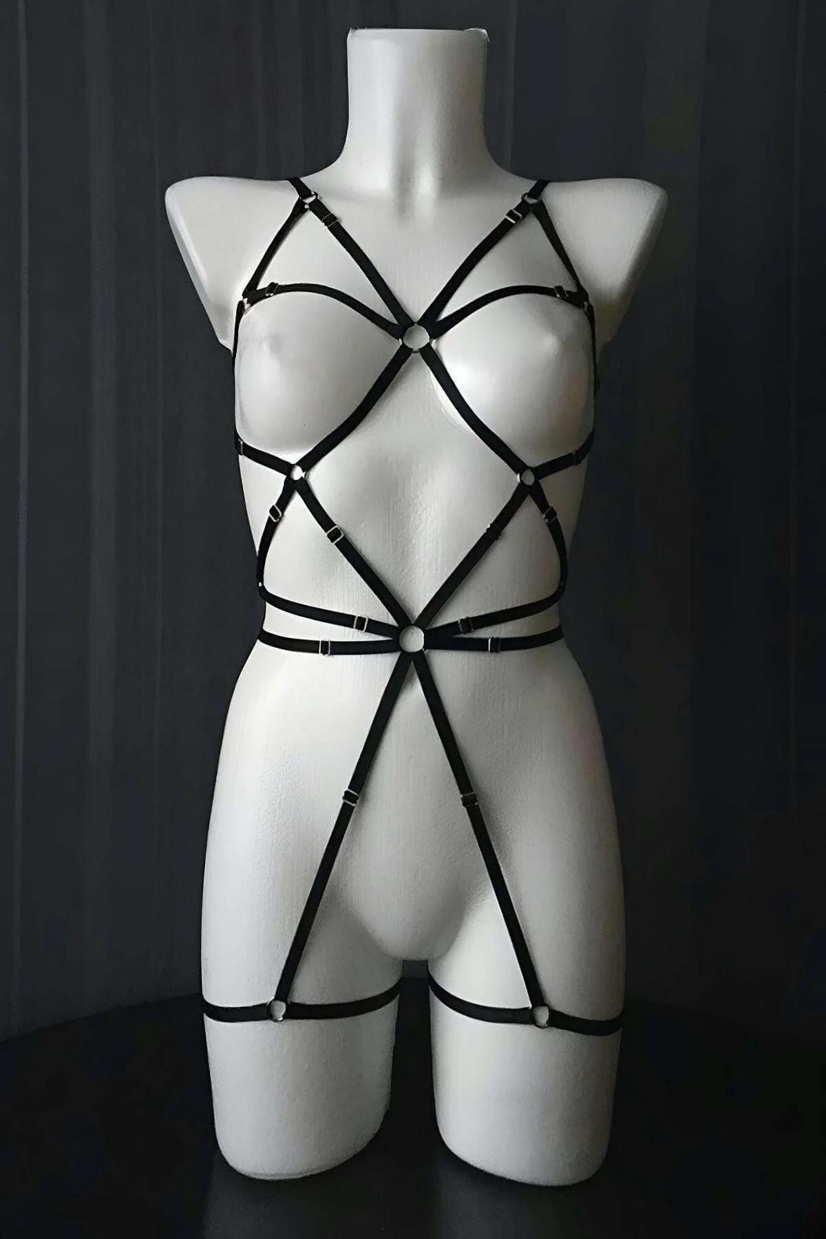 Polka Dot Mesh Bodysuit with Strappy Adjustable Harness