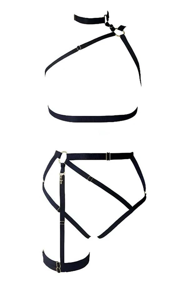 Strappy Faux Leather Body Harness Set with Garter