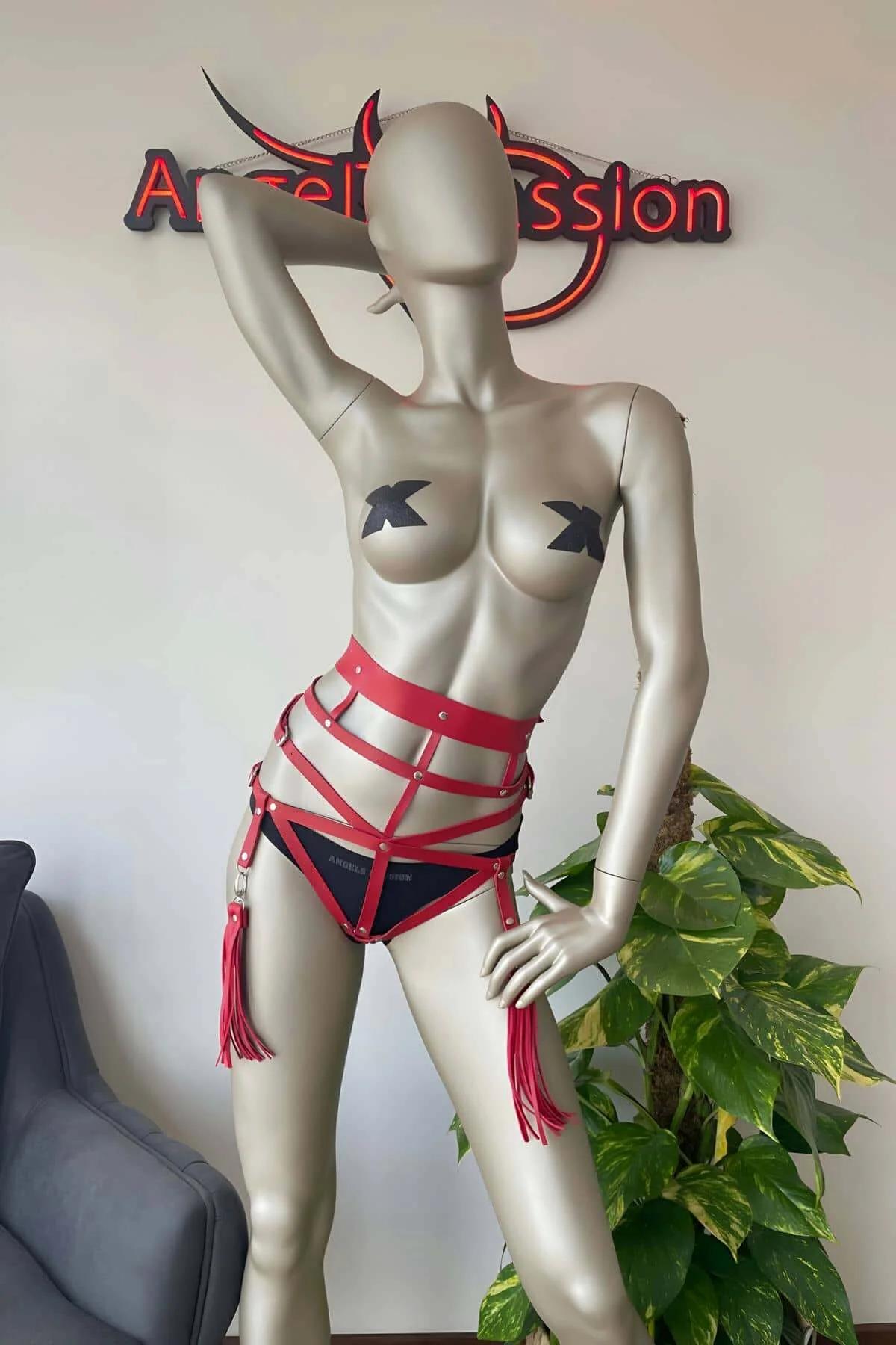 Red Faux Leather Waist Harness with Tassel Garter Straps