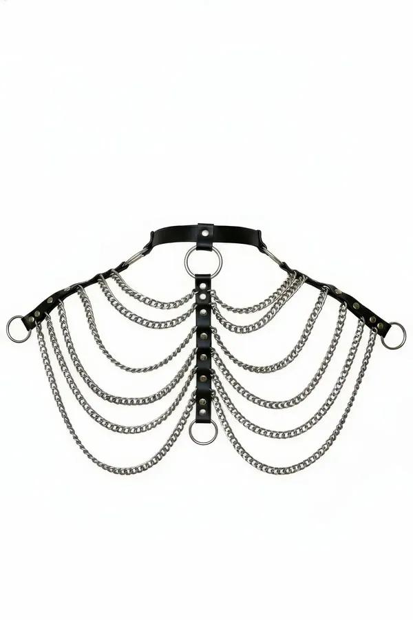 Cascading Chain Harness with Faux Leather Collar