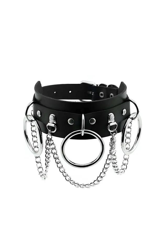 Faux Leather Choker Necklace with O-Ring & Draped Chains
