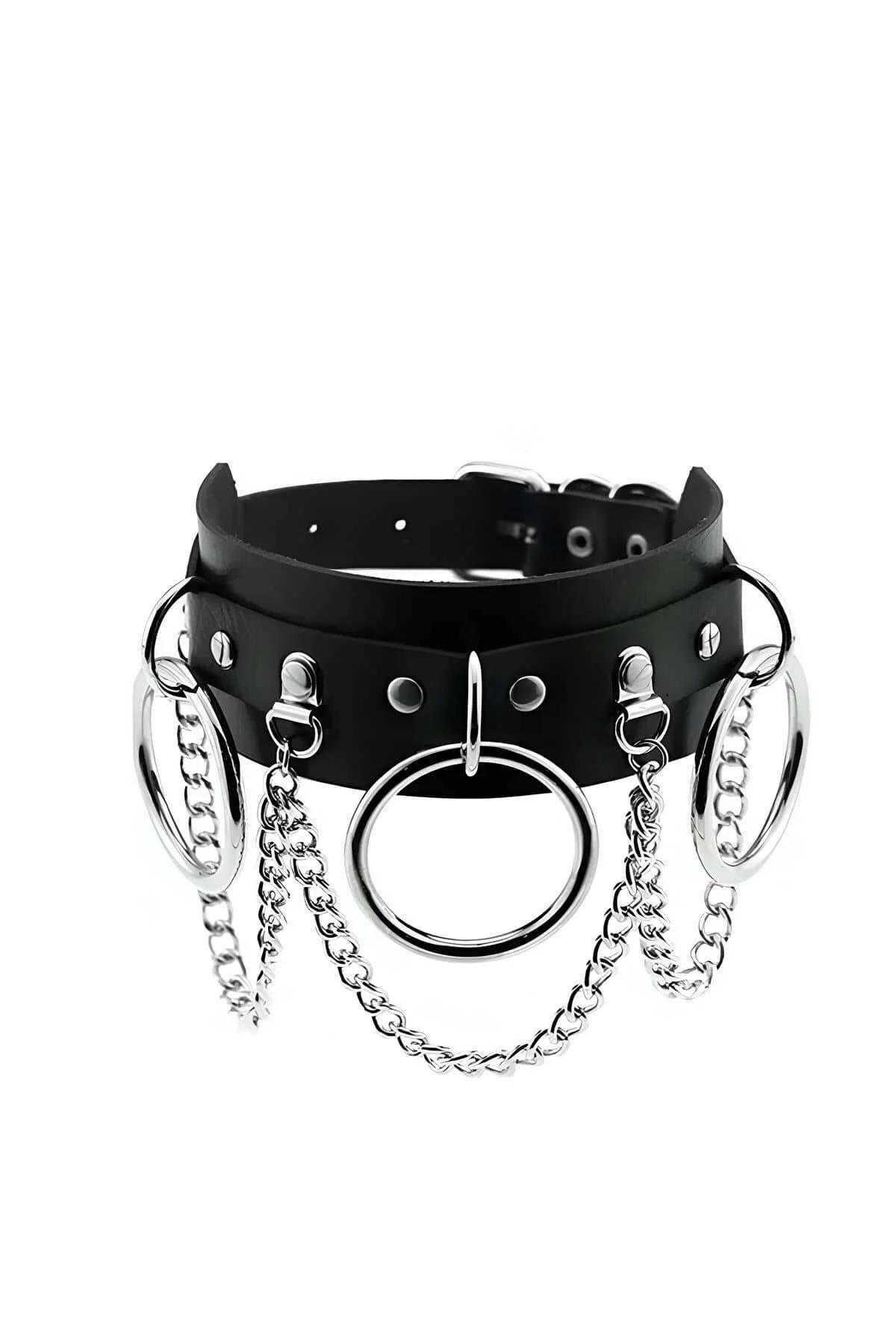 Faux Leather Choker Necklace with O-Ring & Draped Chains