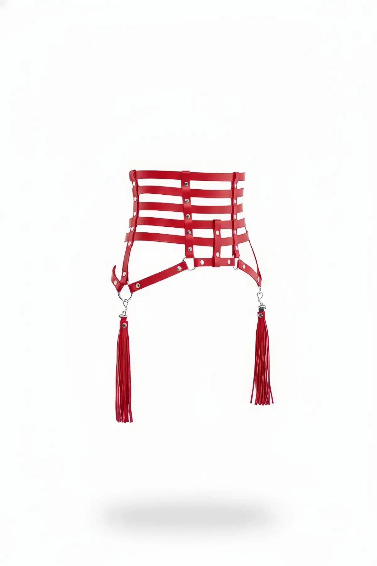 Red Caged Waist Harness with Detachable Tassels
