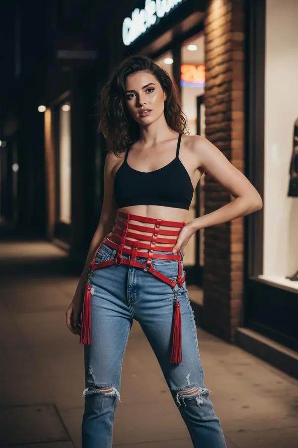 Red Caged Waist Harness with Detachable Tassels