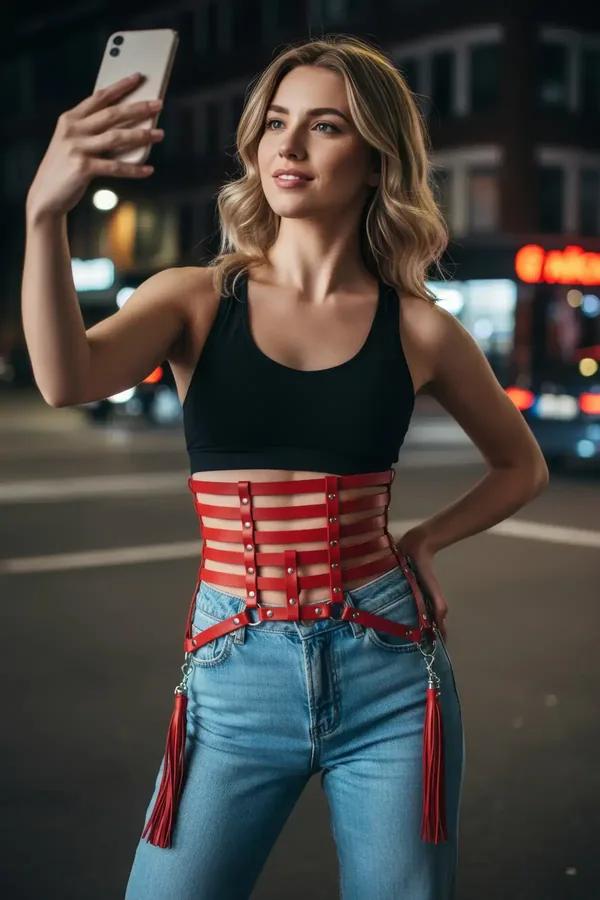 Red Caged Waist Harness with Detachable Tassels