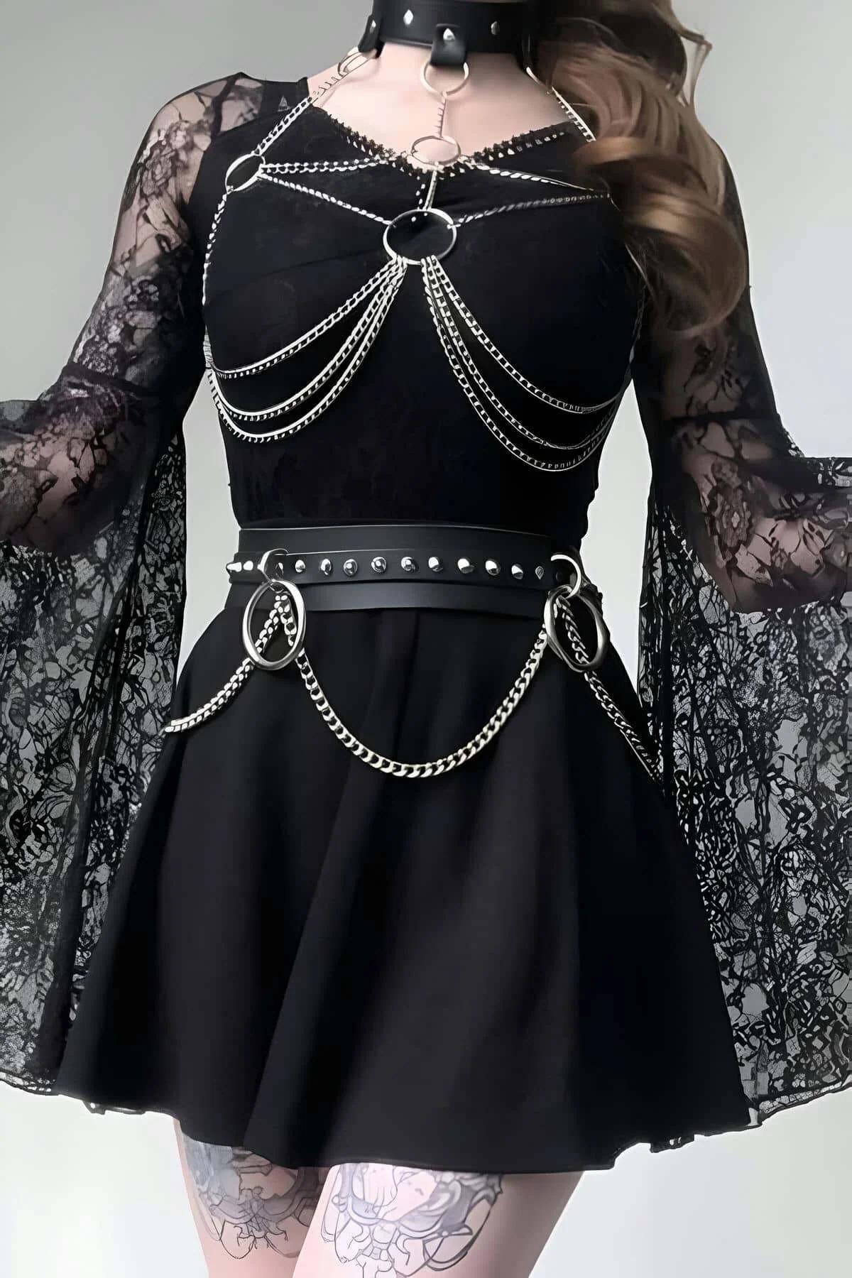 Faux Leather Body Harness Set with Silver Chains & Choker