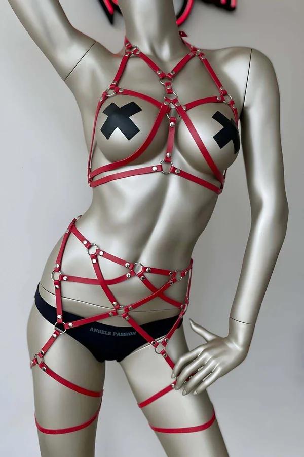 Red Strappy Body Harness with Integrated Garters