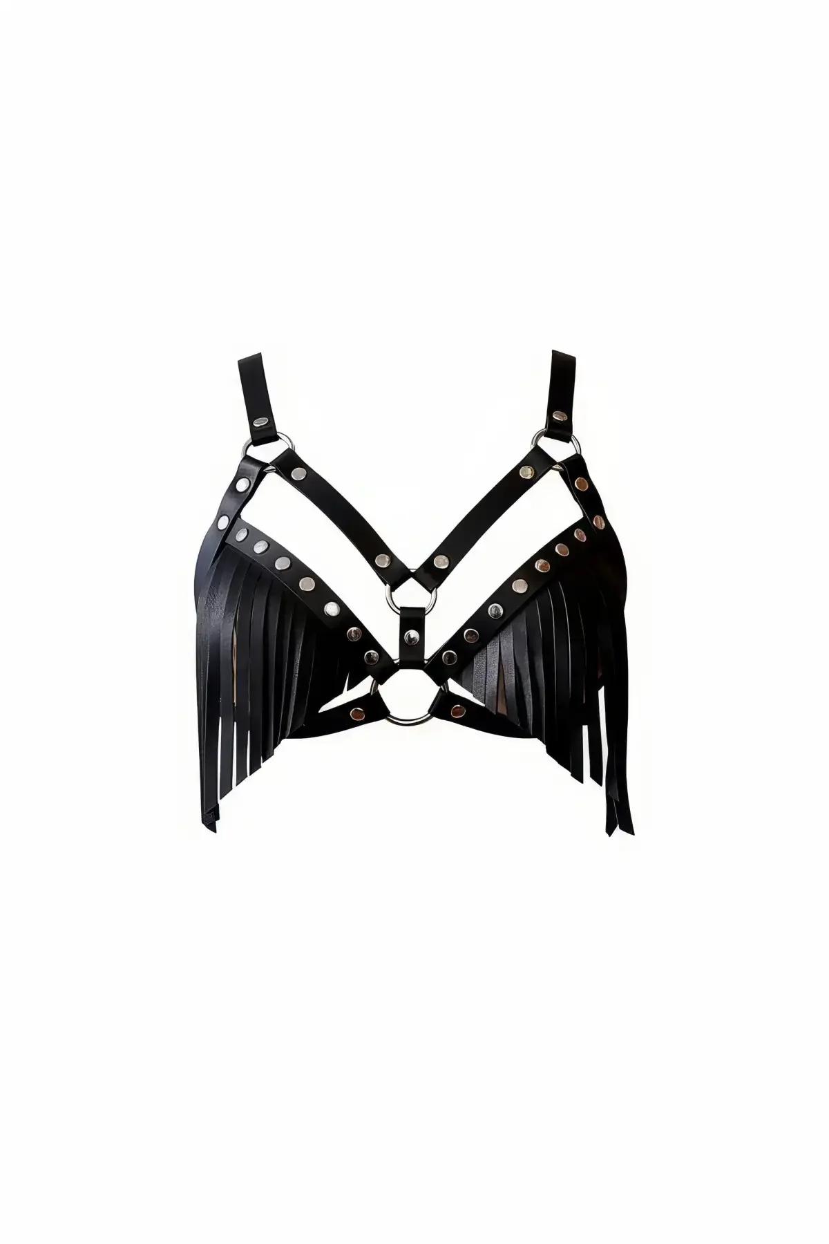 Fringed Studded Faux Leather Bra Harness