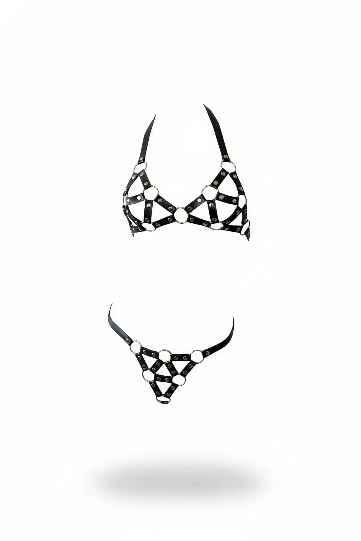 Caged Bralette and Thong Harness Set with O-Rings