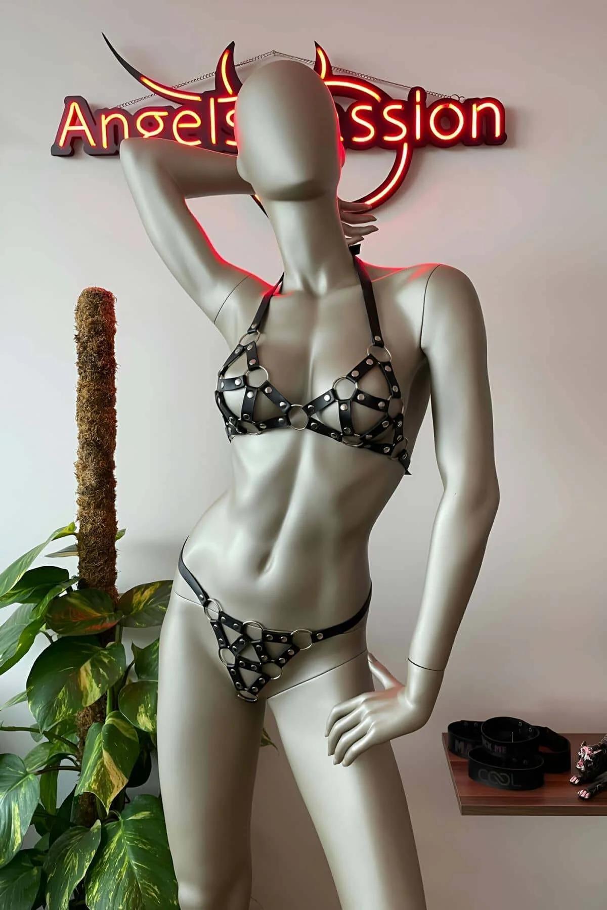 Studded Faux Leather Bra & Thong Harness Set