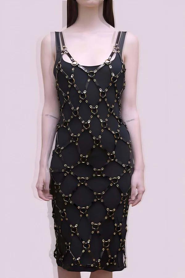 Faux Leather Overlay Harness Dress with Gold Rings