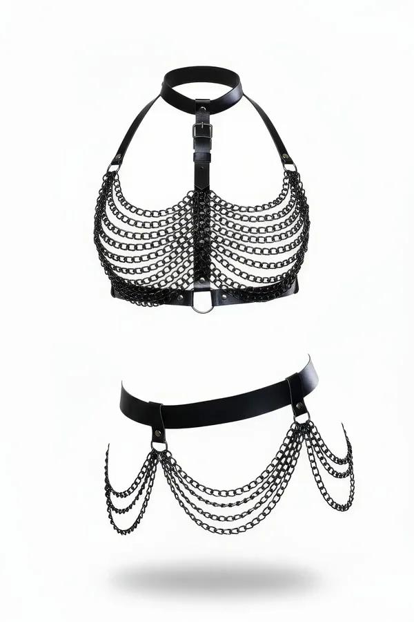 Faux Leather Rib Cage Chest Harness & Chain Hip Set