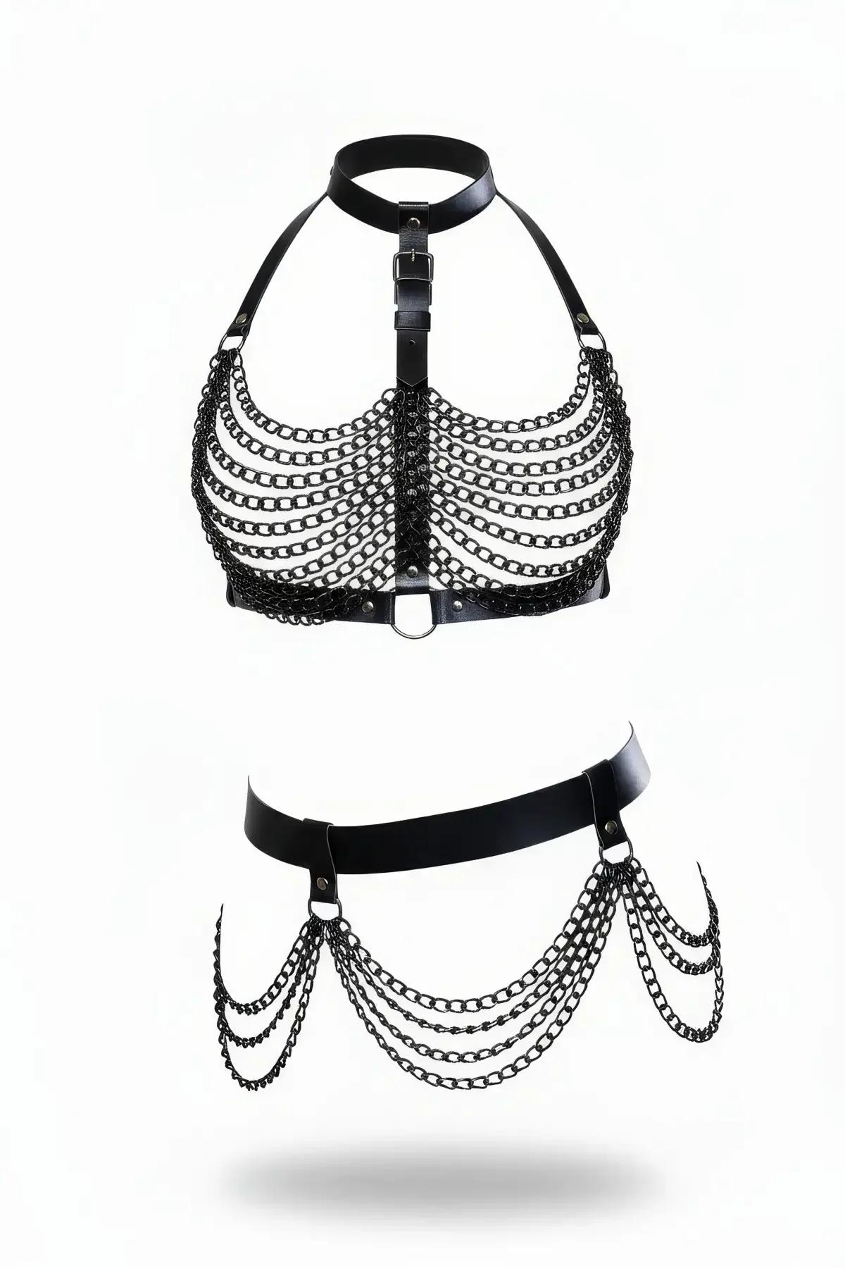 Faux Leather Rib Cage Chest Harness & Chain Hip Set