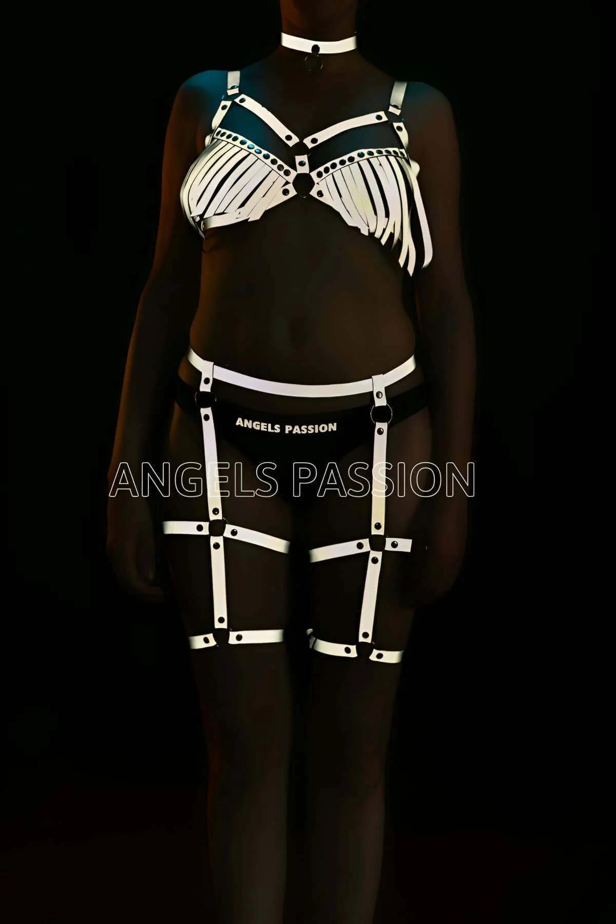 Reflective Full Body Harness with Fringe Bra and Garter Straps