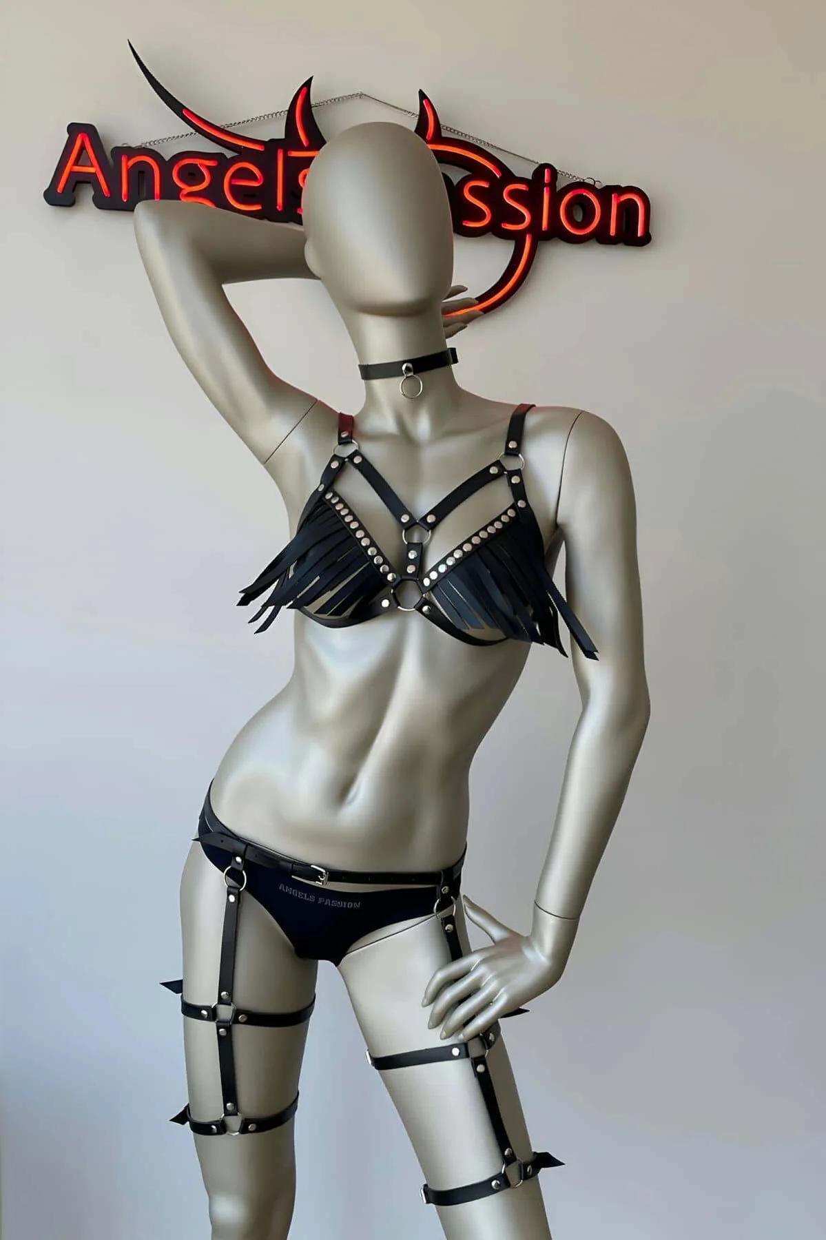 Faux Leather Fringe Body Harness Set with Leg Garters