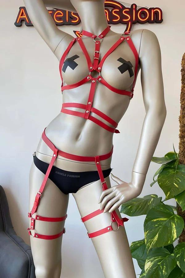 Red Full Body Faux Leather Harness with Garter Straps