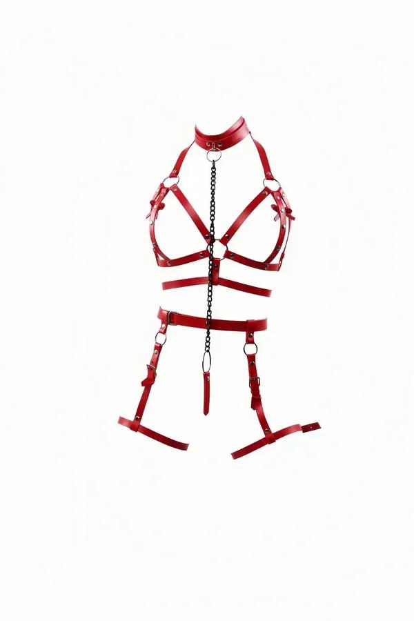 Red Body Harness with Choker, Chain & Garter Straps