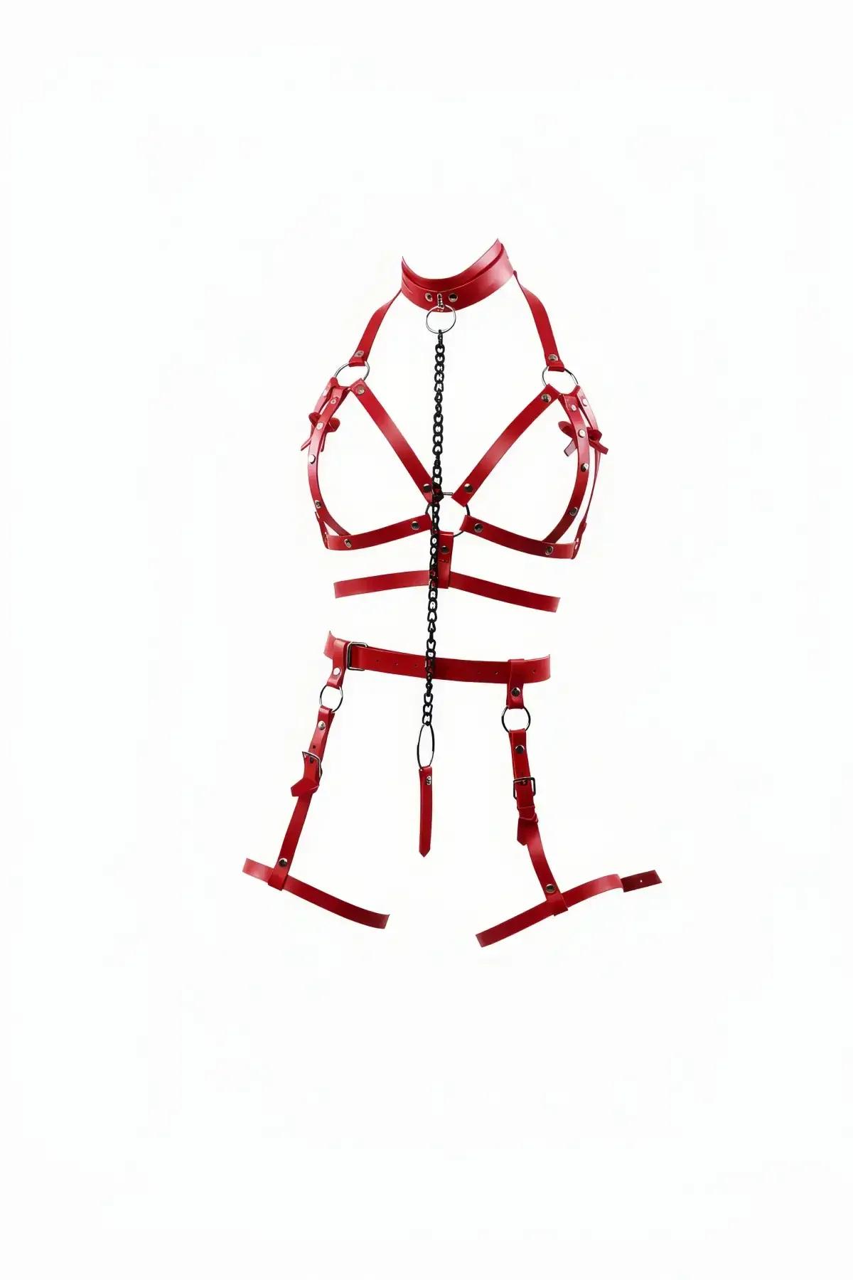 Red Body Harness with Choker, Chain & Garter Straps