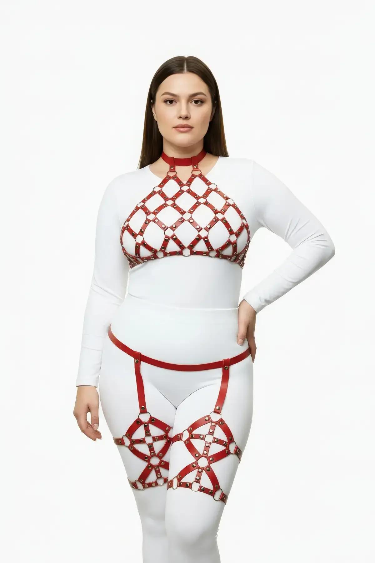 Red Mesh Caged Halter Harness & Garter Set