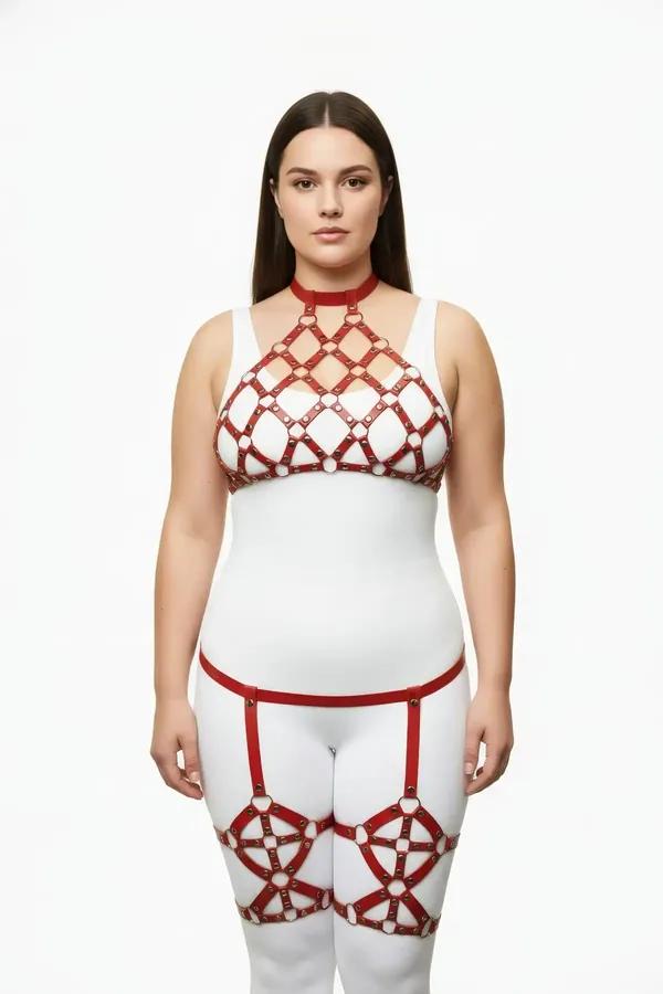 Red Mesh Caged Halter Harness & Garter Set
