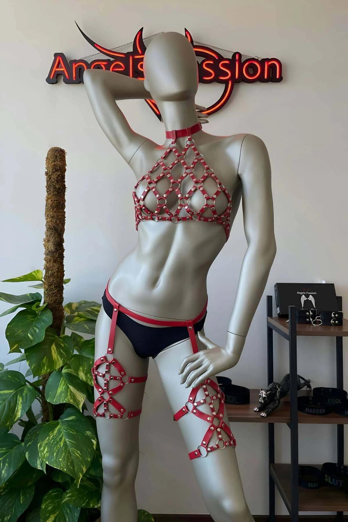 Red Cage Body Harness with Studded Thigh Garters