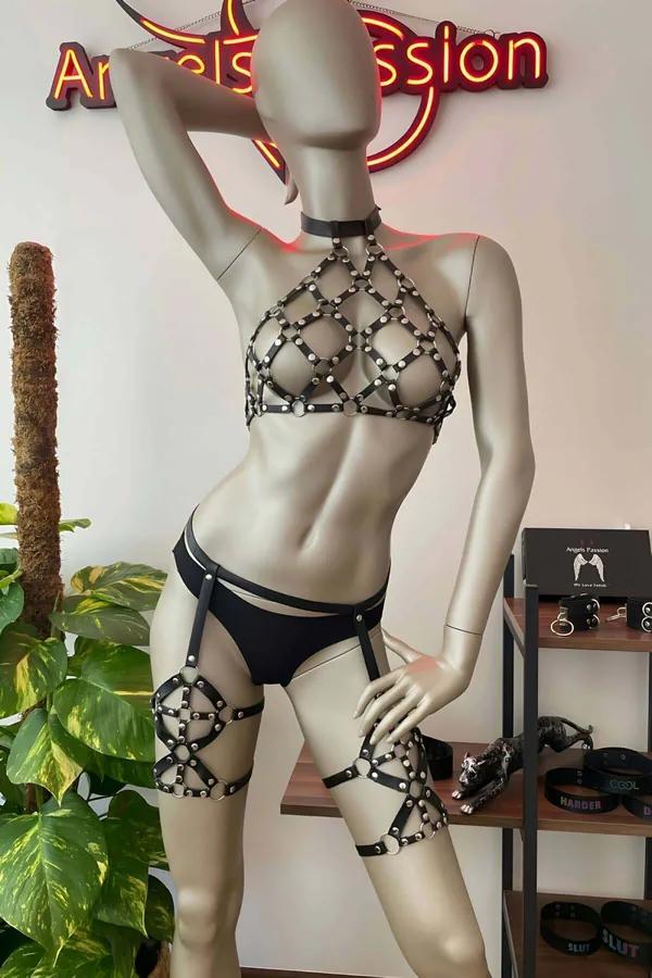 Studded Cage Halter Harness & Thigh Garters Set
