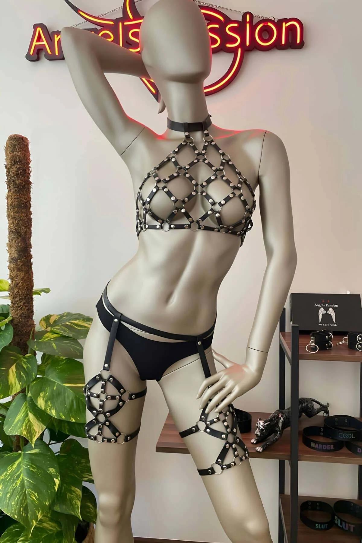 Studded Cage Halter Harness & Thigh Garters Set