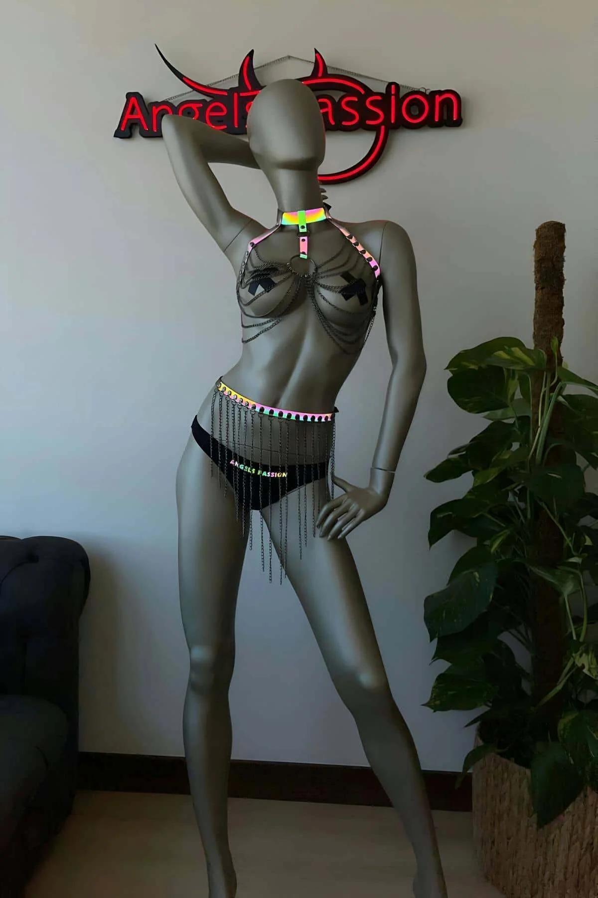 Reflective Rainbow Harness Bra & Thong Set