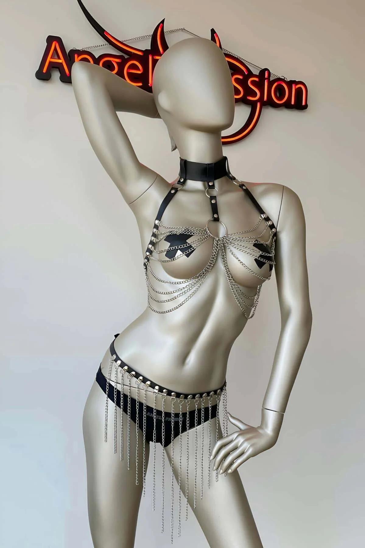 Faux Leather Chained Body Harness with Skirt Set