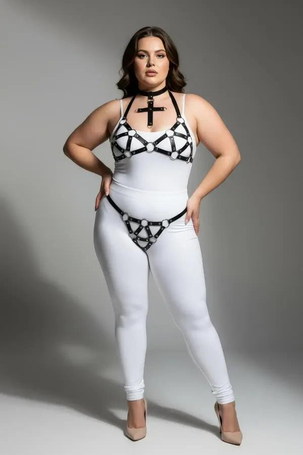 Black Faux Leather Harness Set with Cross & Rings