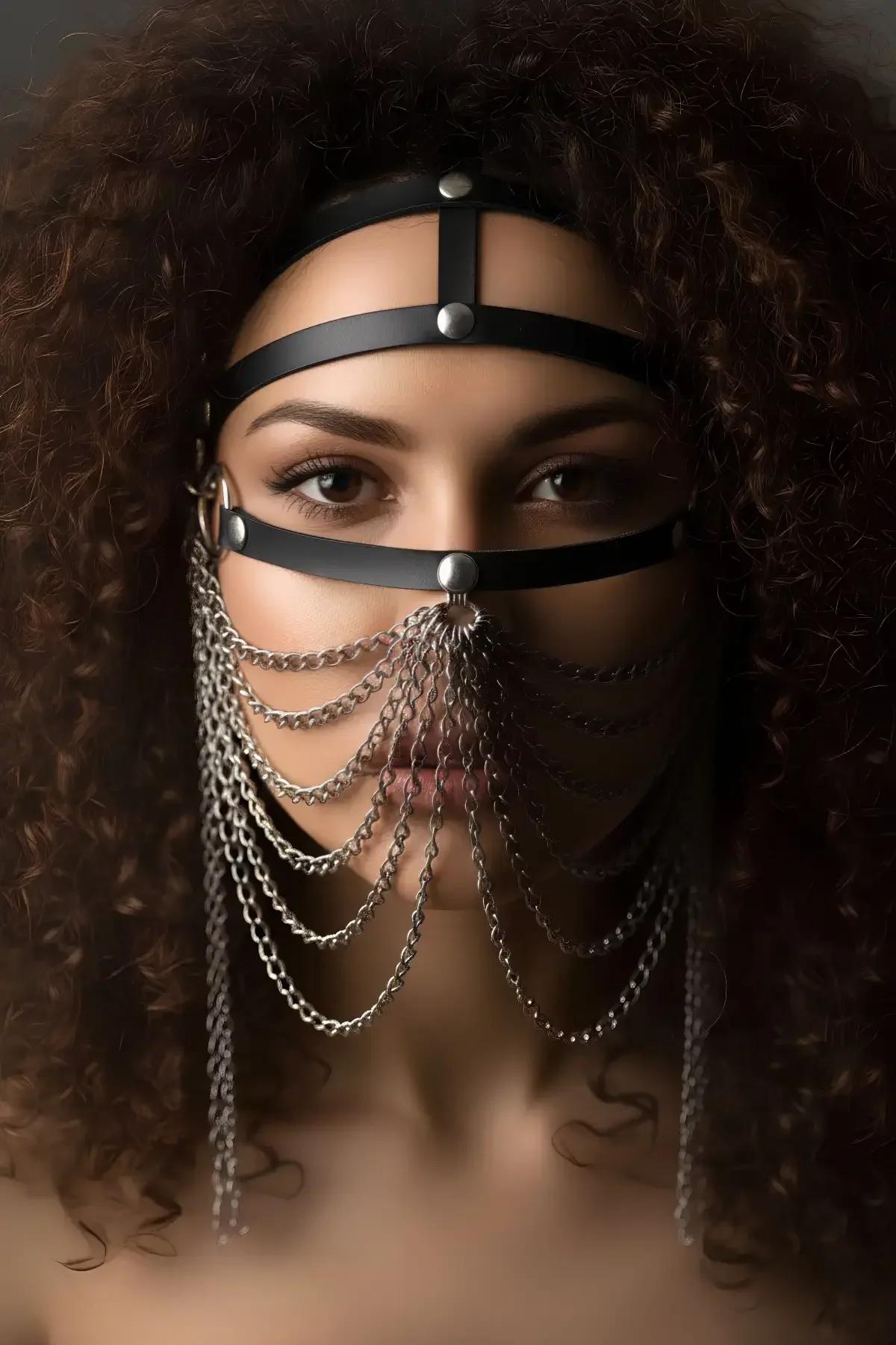 Faux Leather Face Harness with Draping Silver Chains