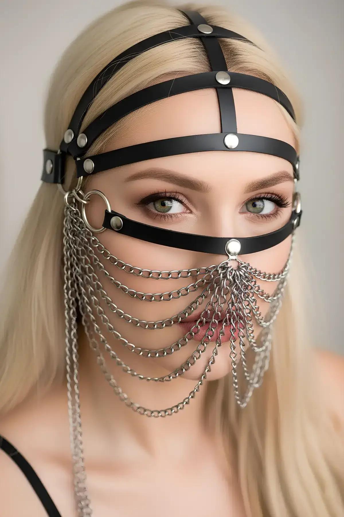 Faux Leather Face Harness with Draped Chain Veil