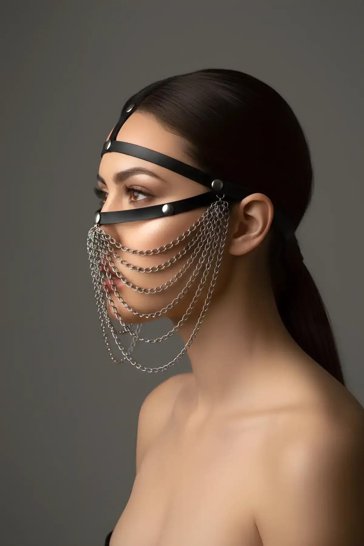 Faux Leather Face Harness with Draped Chain Veil