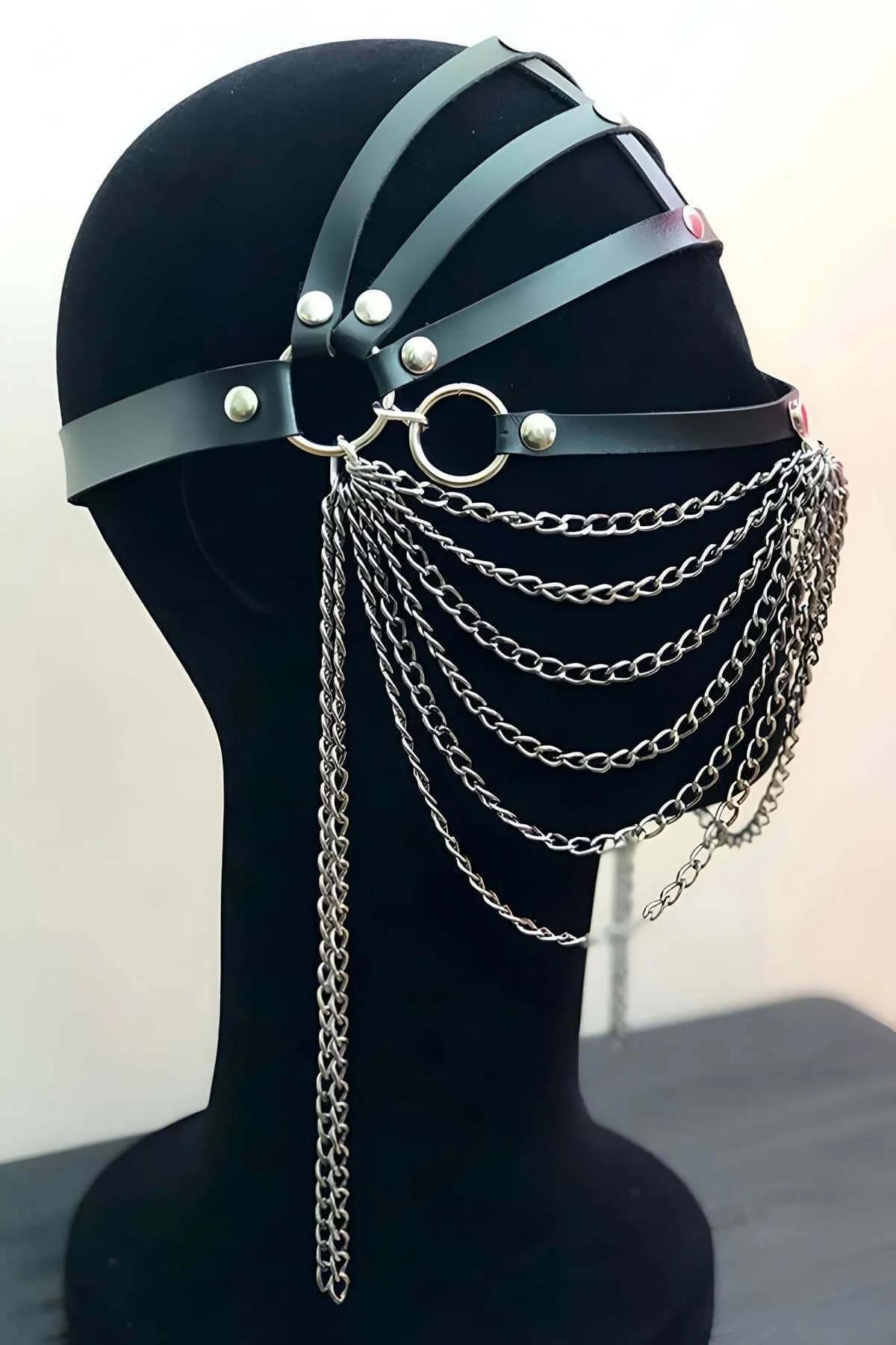 Faux Leather Face Harness with Draped Chain Veil